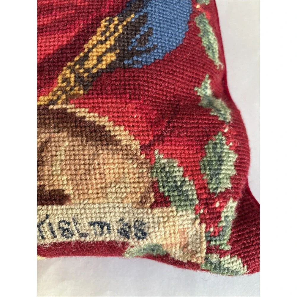 Vintage Crewel A JOYOUS CHRISTMAS Pillow W/Removable Zip Cover 13”x13”